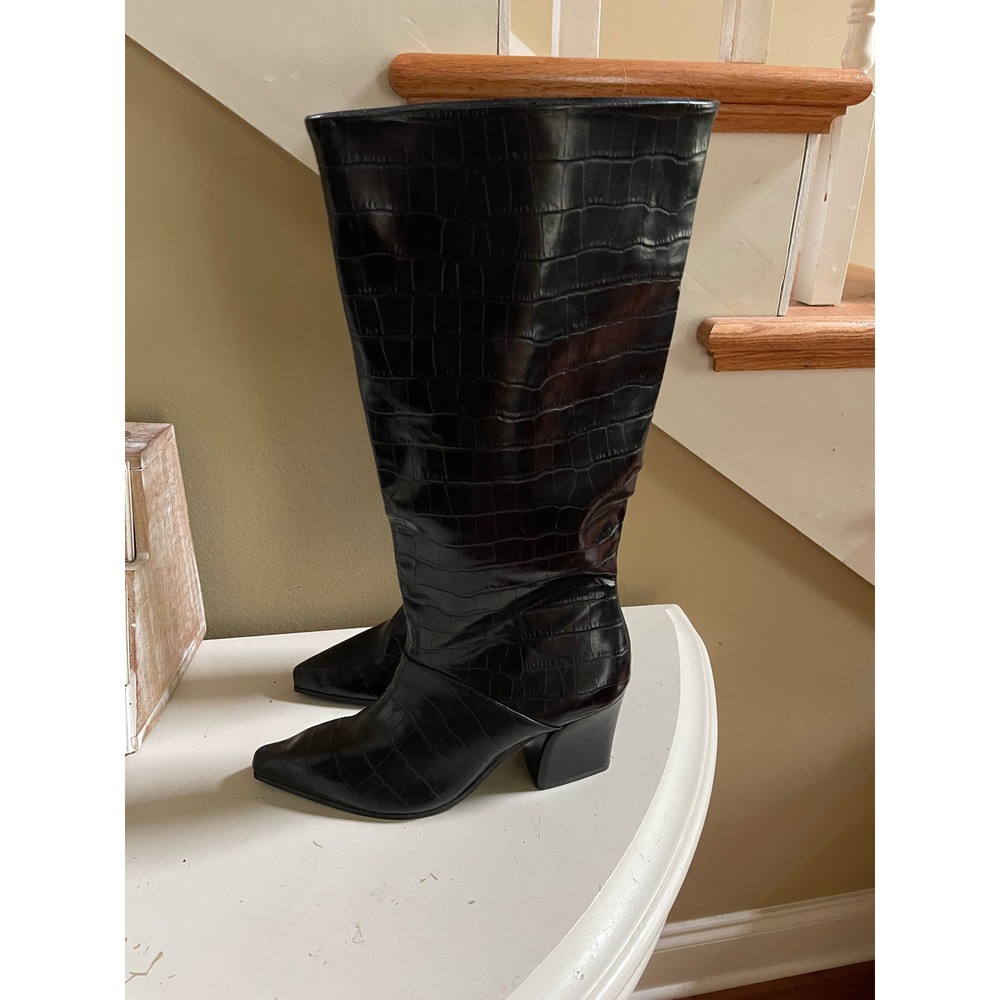 Mango MNG Sz 8 Boots Mirta Black Croc Embossed Leather Pointed Toe Block Heel